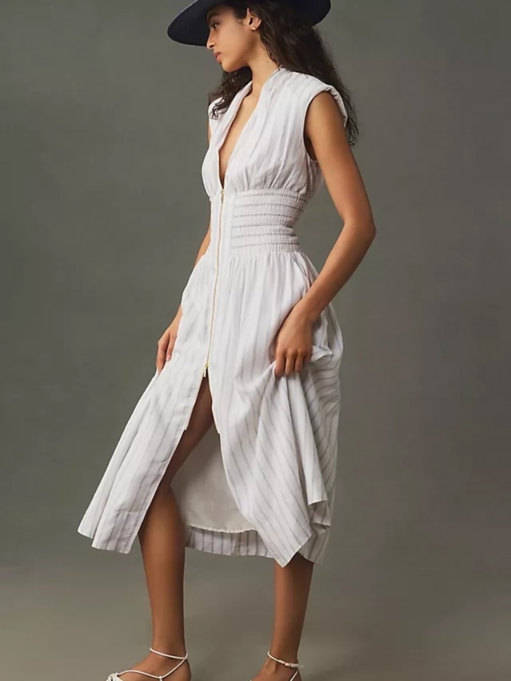 The Tommie Cap-Sleeve Smocked Front-Zip Shirt Dress: Len Edition - Size L
